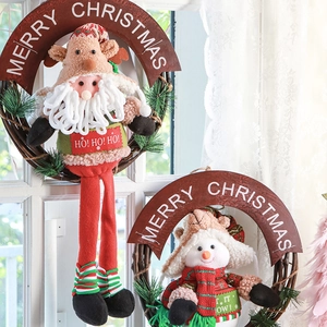 Christmas Wreath Door Hanging Santa Claus Snowman Plush Knitted Vine Ring Window Decor Holiday Ornament