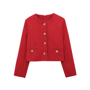 Women Elegant Red Tweed Jacket Round Neck Gold Button Long Sleeve Cropped Outwear Single Breasted