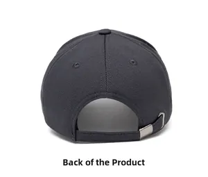 Detail view of the dark grey baseball cap showing back metal buckle and stitching