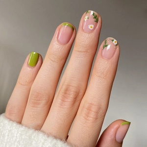 Green French Tip Press On Nails Fresh Daisy Flower Pattern ABS Glossy False Nails For Women Daily Manicure Elegant Square