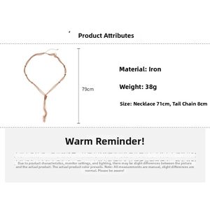 Detail view of a rose gold mesh chain necklace with tassels and size measurements