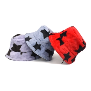 Star Print Faux Fur Bucket Hat Winter Warm Plush Outdoor Basin Hat Fashion Trendy Headwear Accessories For Women