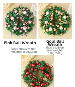 Close-up of assorted 30cm and 40cm Christmas wreaths with colorful ornaments and gold text