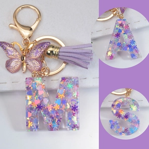Purple Alphabet Letter Keychain Resin Bag Charm With Butterfly Pendant And Suede Tassel For Girls Women