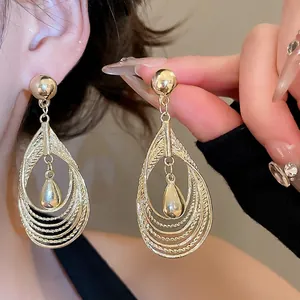 Alloy Multi Layer Hollow Waterdrop Dangle Earrings With 925 Sterling Silver Earring Post Gold Elegant For Women