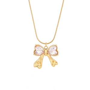 Golden butterfly necklace with clear crystals and textured bow pendant on snake chain