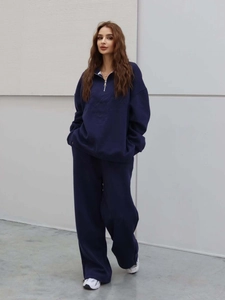 Tenue Décontractée Sweat-Shirt Et Pantalon Femme Coton Demi-Fermeture Éclair Col Montant Broderie Lettres
