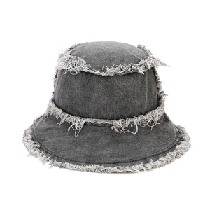 British retro gray washed denim reversible bucket hat with stylish frayed edges design