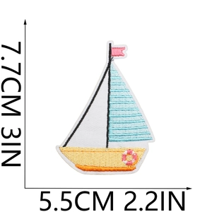 Detail of sailboat embroidery patch with dimensions 7.7cm by 5.5cm for beach bags