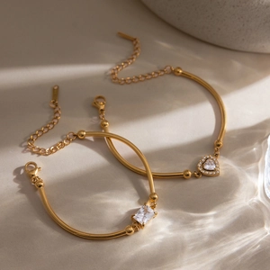 18K Gold Plated Stainless Steel Heart Rectangle Zirconia Bracelet Women Elegant Light Luxury Adjustable Bangle Jewelry