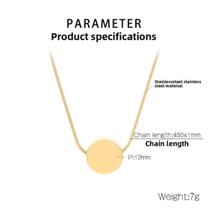 Detailed parameter view of a gold stainless steel round pendant on a fine snake chain