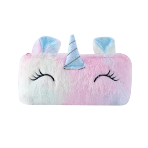 Rainbow plush unicorn pencil case with sequin horn and embroidered eyes for school girls