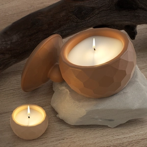 Detail of geometric faceted candle jars on natural stones and rustic wood background