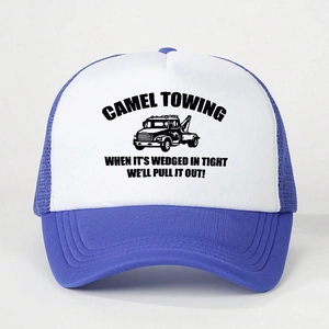 Blue and white trucker hat with Camel Towing print and adjustable mesh back for sun protection
