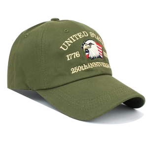 Detail of high-quality 3D eagle embroidery on an army green 250th Anniversary cap