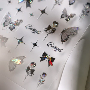 Holografische Nagelaufkleber mit Lasersilber-Schmetterlings- und Rosenmustern M-346