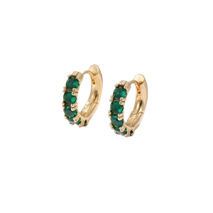 Gold huggie earrings with round cut green zircon stones in a classic prong setting