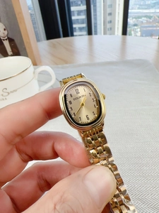 Detail of elegant gold oval quartz watch with steel link bracelet held in hand