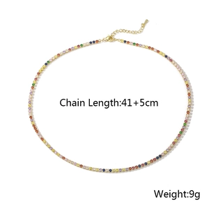 Detail view of 18K gold plated tennis necklace with colorful zircons and size specs