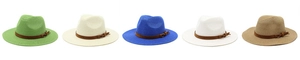 Five assorted straw fedora hats in various colors with leather bands and tassels