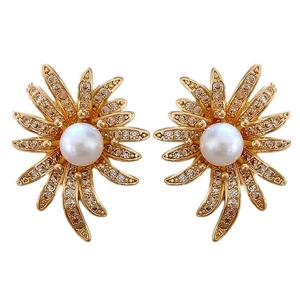 Elegant gold sun flower earrings with central pearl and sparkling crystal petals