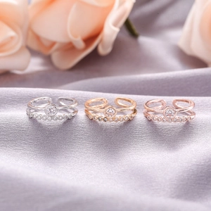 Adjustable double-layer ring with round zircon and pavé stones in gold, silver, and rose gold