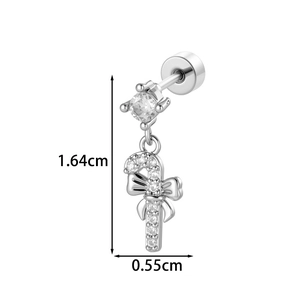 Bowknot cane earring with micro-set zircon and detailed dimensions of 1.64cm length