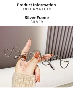 Detailed view of silver wavy metal eyeglass frames with creative wavy design