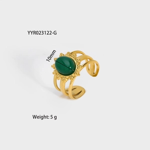 Detail view of gold layered open ring featuring a 10mm green oval gemstone