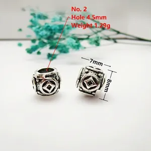Detailed specs of antique silver cylinder charm bead with 4.5mm hole for DIY jewelry