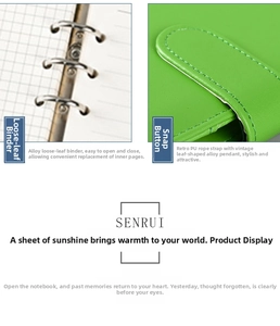 Detail of green PU leather notebook showing six-ring binder and leaf metal charm