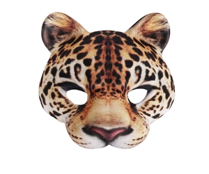 Detailed close-up of cheetah print EVA half-face masquerade mask with sharp leopard spots