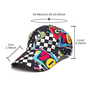 Retro 90s baseball cap with checkerboard and tape print showing size dimensions