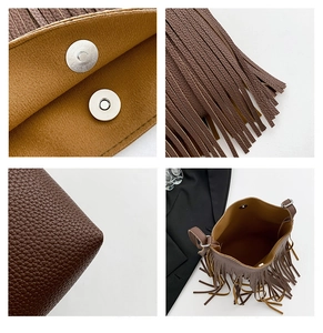 Close-up of brown pebbled leather crossbody bag with tassel detail and magnetic closure