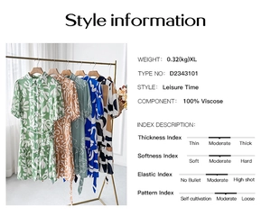 Detail view of summer short sleeve dress patterns with size and 100% viscose fabric specs