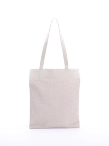 Close-up of minimalist canvas tote bag with textured beige grid pattern and dual straps