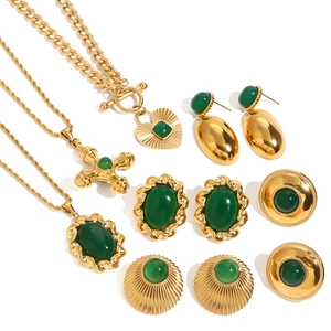 Vintage stainless steel emerald stone pendant necklaces and earrings jewelry set