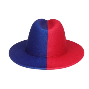 Detail of red and blue two-tone wool felt fedora hat with wide brim and jazz style