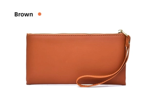 Women long wallet PU leather clutch purse with wrist strap zipper card holder brown casual.