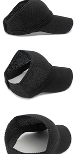Detail of black knitted sun visor showing breathable mesh weave and wide brim for sun protection