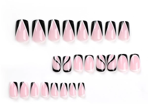 Detailed set of 26 black and pink wave pattern press-on nails in various sizes