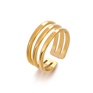 Minimalist adjustable three-layer gold stainless steel open ring for women on white background