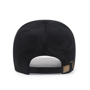 Rear view of black camo baseball cap with adjustable metal buckle and breathable eyelets