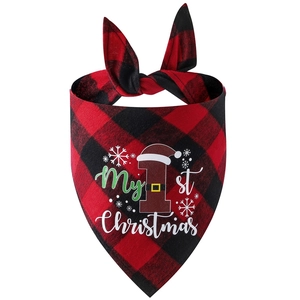 Close-up of red and black plaid cotton pet bandana with My 1st Christmas print