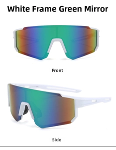 White sports cycling sunglasses with green mirrored lenses and aerodynamic wrap frame