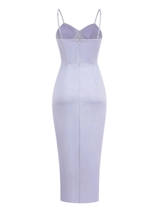 Detail view of the lavender satin dress back with hidden zipper and corset boning