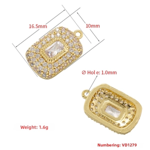 Detailed front and back view of gold-plated rectangular pendant with cubic zirconia stones