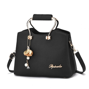 Women Handbag PU Leather Lychee Pattern Fashion Large Capacity Metal Handle Removable Shoulder Strap Flower Pendant