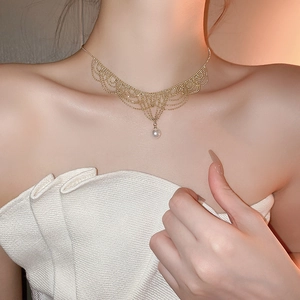 Elegant gold layered lace fringe choker necklace with a round pearl pendant for women