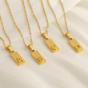 Letter Pendant Necklace 18K Gold Plated Stainless Steel Rectangular Frosted Sandblasted Tag Minimalist Jewelry Women
